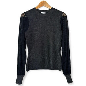 Reiss Black Gold Metallic Long Sheer Sleeve Stretchy Knit Top Size S‎